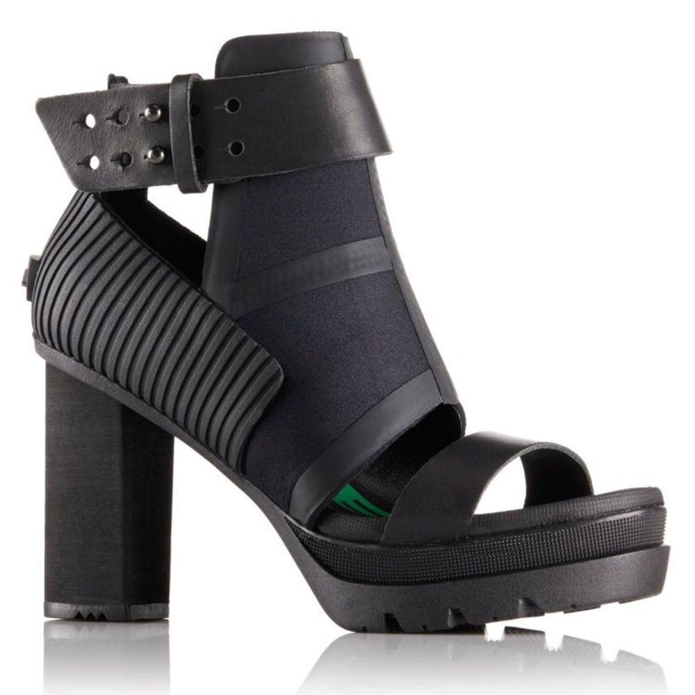 Sorel Medina Black Leather Rubber Platform Sandal
